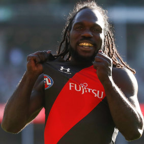 Bomber livewire Anthony McDonald-Tipungwuti is all smiles following one of his four goals.