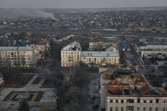 moke rises, background, in this aerial view of Bakhmut, the site of the heaviest battles with the Russian troops.