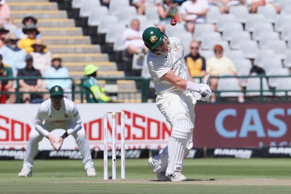 Australia’s Matt Renshaw ducks as he bats on day two.
