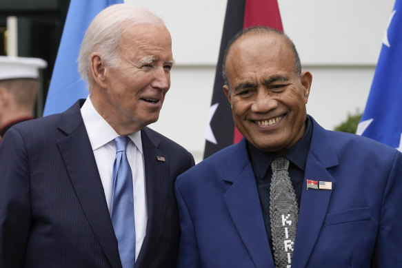 US President Joe Biden and Kiribati’s President Taneti Maamau at the Pacific Islands Forum at the White House in Washington.