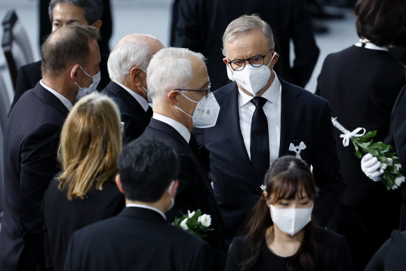 Prime Minister Anthony Albanese was joined by Tony Abbott, John Howard and Malcolm Turnbull at the state funeral. 