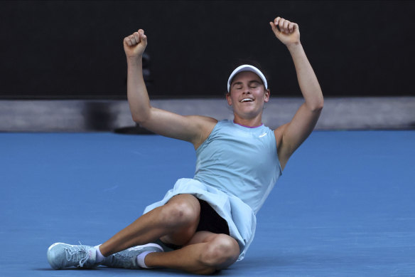 Jennifer Brady reacts after winning her semi-final against Czech Karolina Muchova on Thursday.