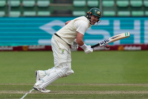 Australia’s Matt Renshaw plays a shot on day four.