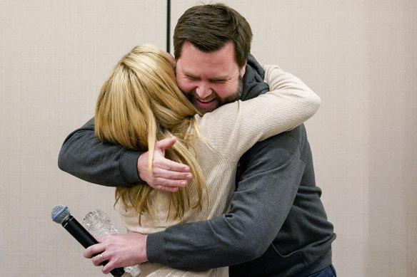 Senatorial candidate JD Vance, centre right, embraces Congresswoman Marjorie Taylor Greene at a rally in Mason, Ohio.