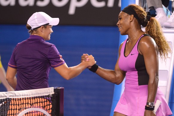 Barty at the net after being beaten by Serena Williams at the Australian Open in 2014. Tennis legend Neale Fraser is struck by her demeanour in victory or defeat.