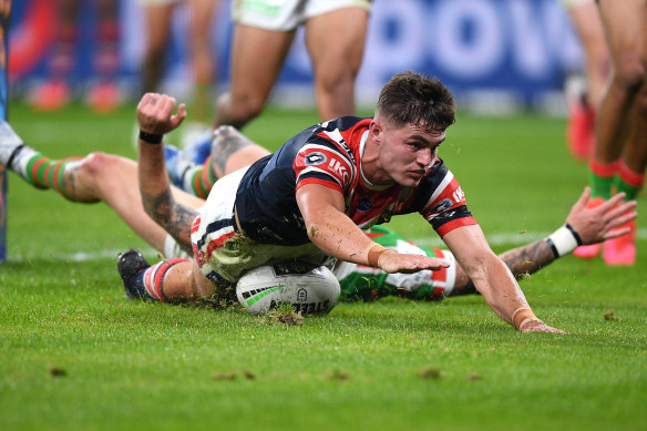Kyle Flanagan scores for the Roosters on Friday night.