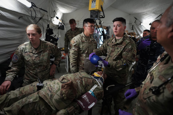 American, Australian and Japanese military medical teams during a drill at Andersen Air Force Base in Guam.
