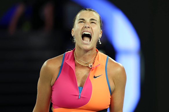 Aryna Sabalenka lets out a thunderous roar during her dominant win.