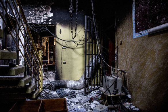 In a home that had been used by Islamic State as a prison complex in Fallujah, Iraq, in 2016, a hook was connected to a winch and was used for hoisting prisoners during torture. 