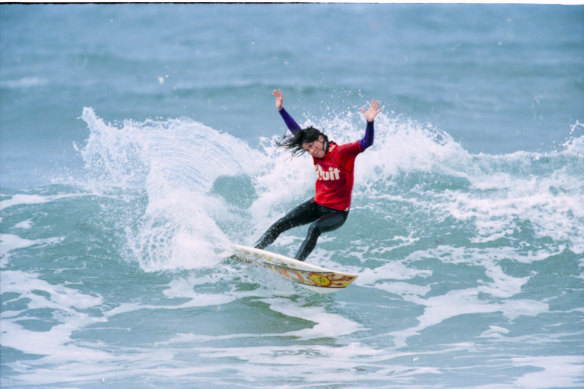 Pauline Menczer surfs at Bells Beach in 1996.