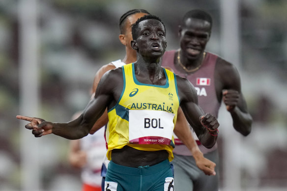 Peter Bol wins the men’s 800-metre semi-final on Sunday. 