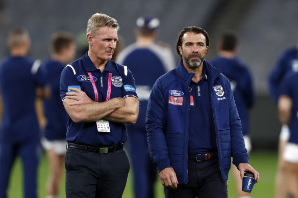 Geelong footy boss Simon Lloyd (left) with Cats coach Chris Scott.