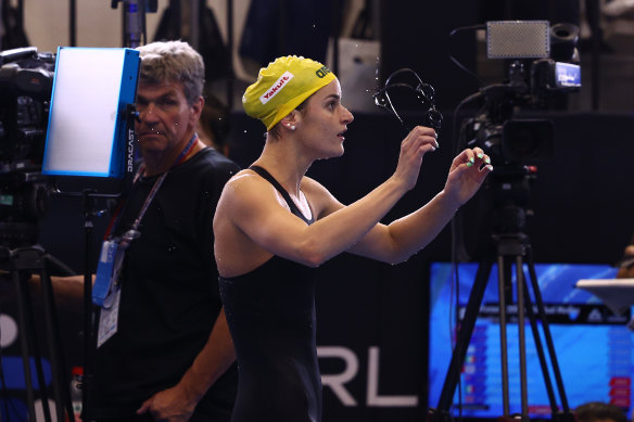 Kaylee McKeown reacts to her disqualification after the semi-finals of the women’s 200m individual medley.