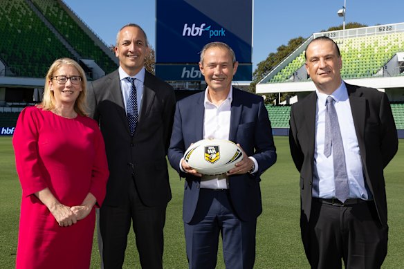 Rita Saffioti (WA Sport and Recreation Minister), Andrew Abdo (NRL CEO), Roger Cook (WA Premier) and Peter V’landys (Australian Rugby League commission chairman) at a Perth Bears announcement.