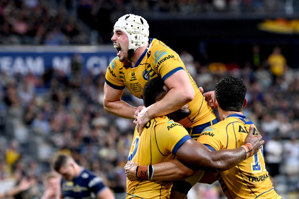 Eels players celebrate during their preliminary final victory.