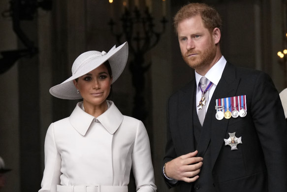 Prince Harry and Meghan Markle, Duke and Duchess of Sussex, leave after a service of thanksgiving for the reign of Queen Elizabeth II in June.