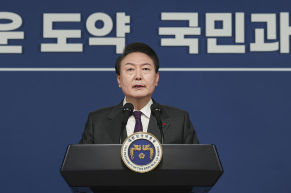 Yoon Suk-yeol speaks during the New Year’s address to the nation at the presidential office in Seoul, South Korea on Sunday.