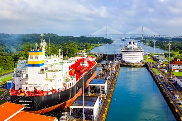A cargo ship entering the Miraflores Locks in the Panama Canal.