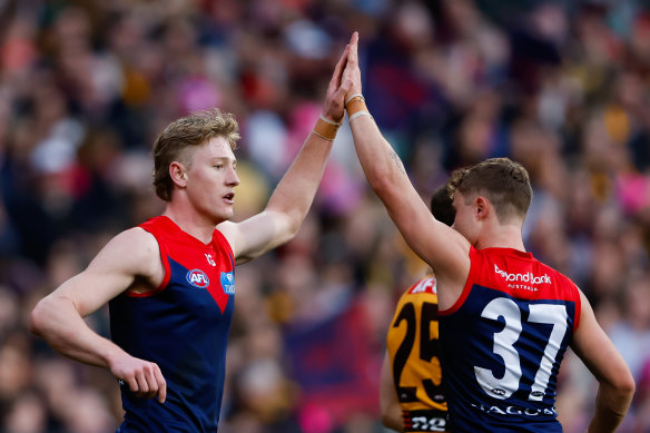 Jacob van Rooyen celebrates after scoring for the Demons.