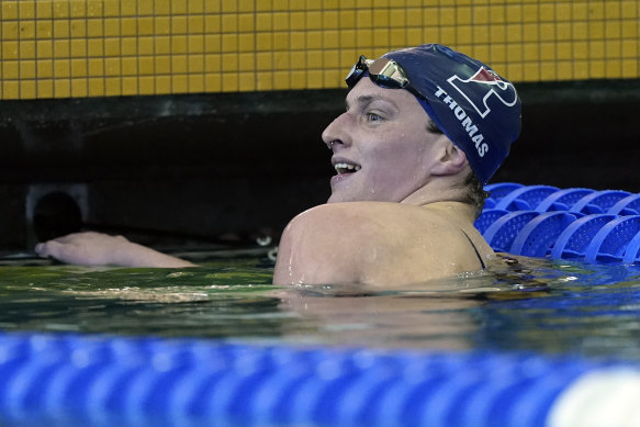 Pennsylvania’s Lia Thomas smiles after winning a preliminary heat at the NCAA.