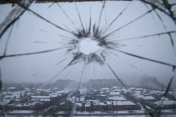 A view from a hospital window broken by shelling in Mariupol,.