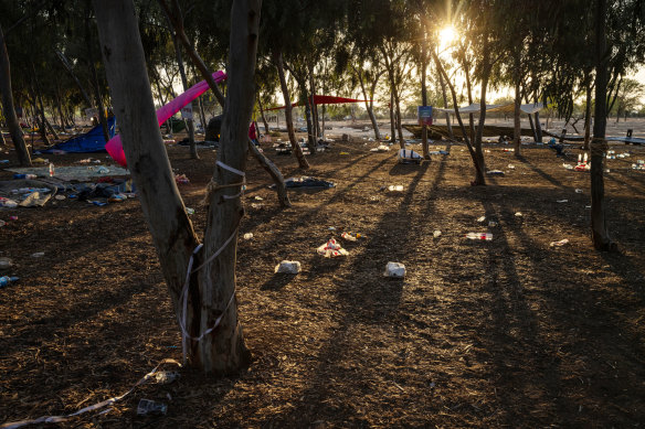 Scattered belongings at the Tribe of Nova festival, 10 days after it was attacked by Hamas-led terrorists. 