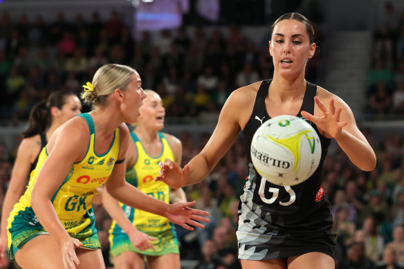 Amelia Walmsley of the Silver Ferns competes the ball.