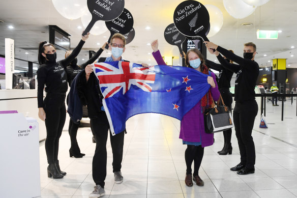 Jack Drummond and Abigail McKinstry were on one of the first flights out of Melbourne to New Zealand on Monday morning.