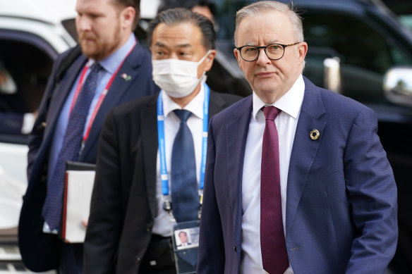 Anthony Albanese arriving for a press conference at the G7 on Sunday morning. 