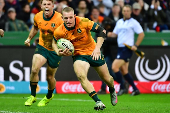 Max Jorgensen is set to move to fullback, to replace Andrew Kellaway (pictured behind).