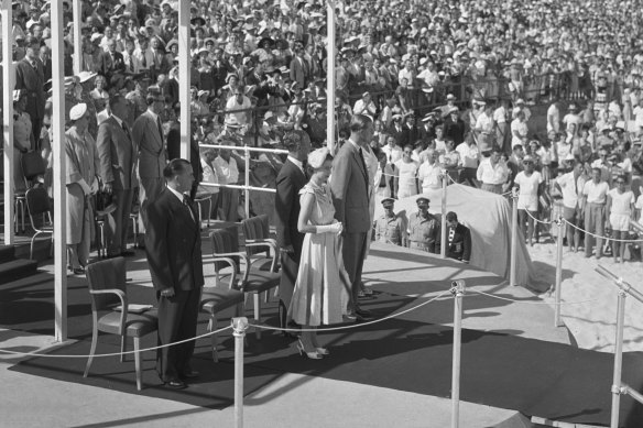 The Queen and Prince Philip at Bondi Beach during their 1954 tour of Australia. 