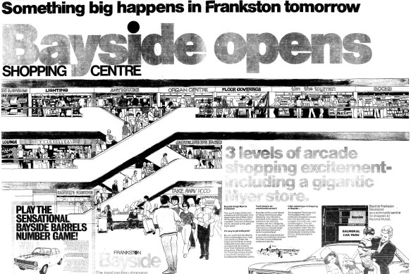 An advertisement in The Herald on October 2, 1972 announcing the next day’s opening of the Bayside Shopping Centre in Frankston.