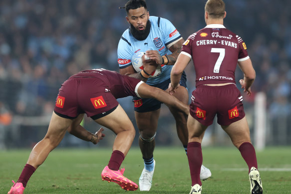 Payne Haas in action for the Blues.