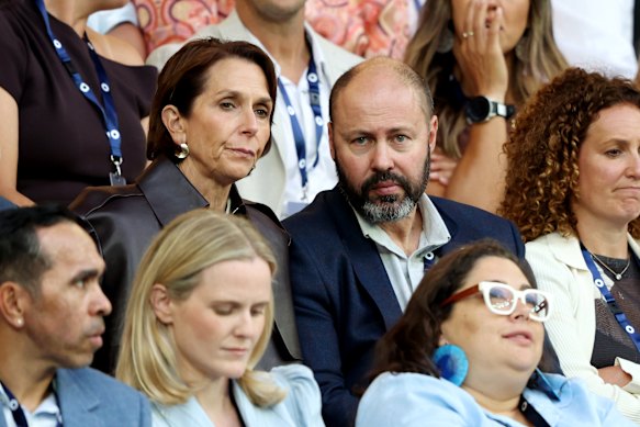 Former Tennis Australia chair Jayne Hrdlicka sat alongside former federal treasurer Josh Frydenberg, sporting a beard, at the Australian Open. 
