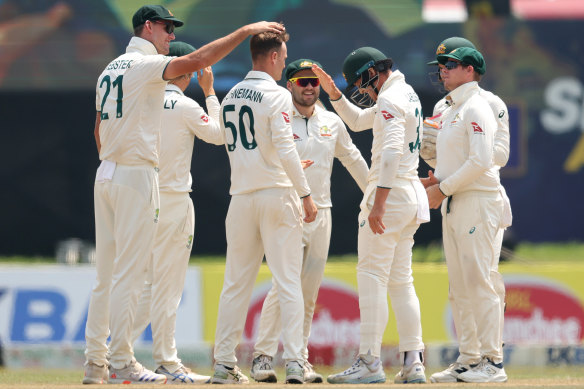 Matthew Kuhnemann of Australia celebrates after taking the wicket of Pathum Nissanka of Sri Lanka during day three of the Second Test match in the series between Sri Lanka and Australia at Galle 