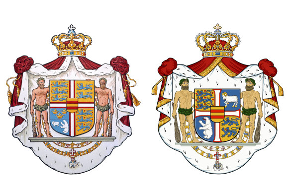 The old Danish royal coat of arms, from 1972 (left) and the new version with an enlarged bear.