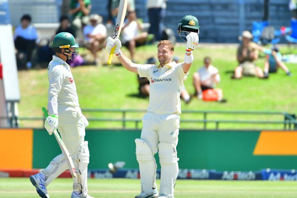 Josh Inglis celebrates his Test ton against South Africa. The match has been played in front of low crowds.