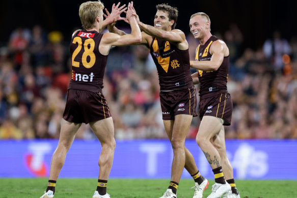 Finn Maginness of the Hawks celebrates a goal.