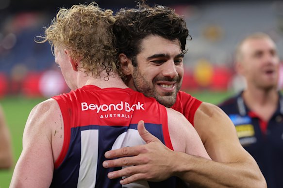Clayton Oliver and Christian Petracca celebrate after the win over Richmond in April.