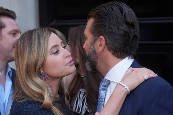 Holly Valance kisses Donald Trump Jr goodbye as he leaves a fundraiser for Donald Trump hosted by the former Neighbours star in London.