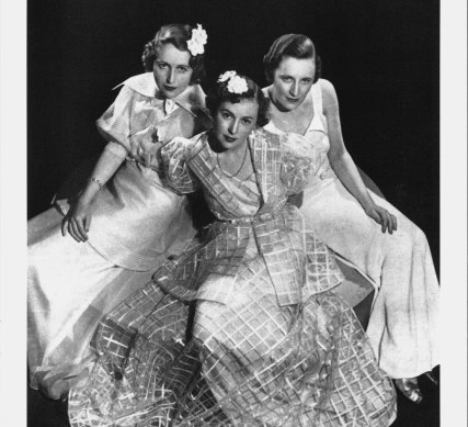 This promotional photograph for the inaugural Black & White Ball appeared in The Home magazine in 1936. From left Enid Hull, Anne Gordon and a young Nola Dekyvere.