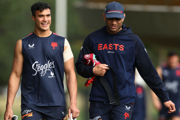 Roosters’ teammates Joseph Suaalii (left) and Daniel Tupou (right).