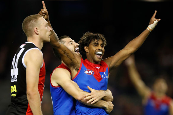 Crackling energy: Kysaiah Pickett celebrates a goal against the Saints.