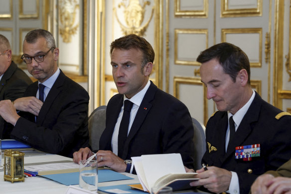 France’s President Emmanuel Macron, 2nd right, chairs a security and defence council at the Elysee Palace in Paris.
