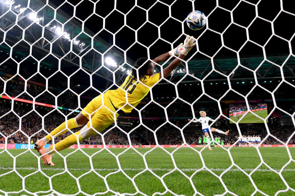 Chloe Kelly blasts home a penalty against Nigeria.