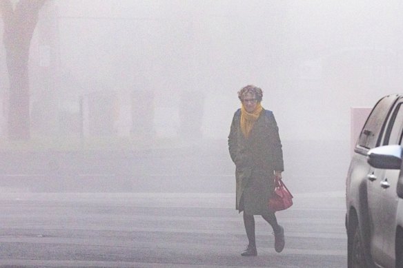 Prosecutor Dr Nanette Rogers, SC cuts a solemn figure walking through heavy fog towards the courthouse on Wednesday morning.