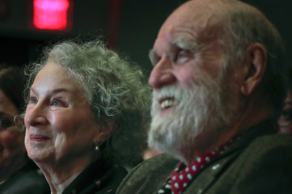 Margaret Atwood, centre, with her partner Graeme Gibson in 2017.