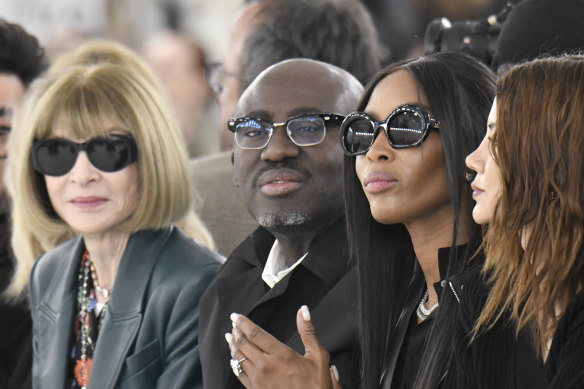 US Vogue editor Anna Wintour and departing British Vogue editor Edward Enninful at the Loewe show, with Naomi Campbell and Vogue Australia editor Christine Centenera, in Paris in March.