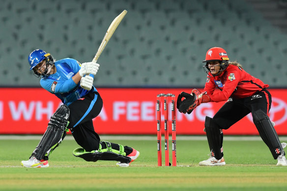 Dane Van Niekerk hits out for the Adelaide Strikers in their win over the Renegades.