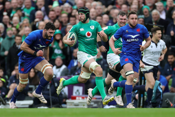 Caelan Doris of Ireland breaks with the ball.